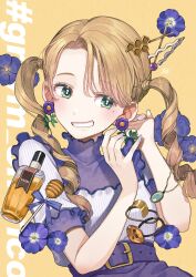 Rule 34 | 1girl, amber (gemstone), belt, belt buckle, blonde hair, bottle, buckle, cherico, choppy bangs, curtained hair, dress, drill hair, earrings, flower, flower earrings, flower request, gem, green eyes, grin, hair ornament, hairclip, hairclip removed, highres, honey dipper, honeycomb (pattern), honeycomb ornament, jewelry, jewelry removed, long hair, mole, mole under eye, necklace, necklace removed, original, pendant, perfume bottle, purple belt, purple dress, purple flower, purple nails, putting on jewelry, see-through, short sleeves, sideways glance, simple background, smile, solo, striped, striped dress, swept bangs, twin drills, twintails, two-tone dress, upper body, white dress, yellow background