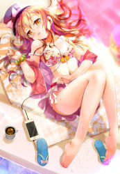 Rule 34 | 1girl, barefoot, bikini, blush, brown eyes, brown hair, cafe-chan to break time, cafe (cafe-chan to break time), cellphone, commentary request, earphones, feet, hat, long hair, looking at viewer, lying, navel, original, phone, poolside, porurin (do-desho), sandals, unworn sandals, shoes, unworn shoes, single shoe, smartphone, solo, swimsuit, water