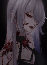 Rule 34 | 1girl, acheron (honkai: star rail), bare shoulders, black background, breasts, cleavage, commentary, flower, grey hair, highres, honkai: star rail, honkai (series), large breasts, long hair, looking at viewer, nawkumi, official alternate color, red eyes, red flower, red lips, simple background, solo, upper body, very long hair