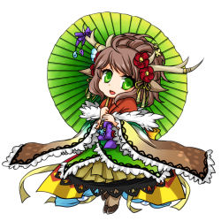 Rule 34 | 1girl, :d, animal ears, antlers, brown hair, dress, flower, frills, green eyes, hair flower, hair ornament, hooves, horns, kano (p&amp;d), nuana, open mouth, parasol, puzzle &amp; dragons, smile, solo, umbrella