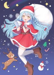 Rule 34 | 1girl, artist name, belt, blue hair, braid, brown belt, brown footwear, candy, candy cane, capelet, christmas, christmas tree, commentary, crescent moon, cross-laced footwear, dress, food, full body, fur-trimmed capelet, fur trim, gloves, hair ribbon, hat, highres, holding, holding sack, long hair, looking at viewer, moon, open mouth, original, over shoulder, pioxpioo, red capelet, red dress, red gloves, red hat, red ribbon, reindeer, ribbon, sack, santa dress, santa gloves, santa hat, shoes, short dress, signature, smile, snowflake background, snowman, solo, standing, standing on one leg, star (symbol), starry background, symbol-only commentary, thighhighs, twin braids, white thighhighs, yellow eyes