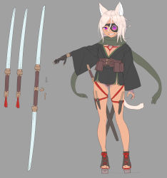 Rule 34 | 1girl, animal ears, arm at side, arrow (symbol), belt, brown panties, cat ears, cat tail, contrapposto, dagger, double-blade, enkyo yuuichirou, eyepatch, geta, gluteal fold, grey background, hair between eyes, haori, highres, japanese clothes, knife, long sleeves, looking at viewer, mechanical arms, one eye covered, original, outstretched arms, panties, pink hair, purple eyes, sandals, scabbard, sharp teeth, sheath, short hair, simple background, single mechanical arm, smile, solo, spread arms, standing, sword, tail, teeth, underwear, weapon
