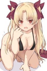 Rule 34 | 1girl, all fours, bikini, black bikini, blonde hair, blush, bottomless, breasts, unworn cape, earrings, ereshkigal (fate), fate/grand order, fate (series), hair ornament, jewelry, kneeling, large breasts, long hair, looking at viewer, open mouth, parted bangs, red eyes, ribbon, shiseki hirame, solo, swimsuit, two side up