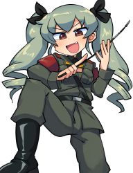 Rule 34 | 10s, 1girl, anchovy (girls und panzer), anzio military uniform, armband, belt, boots, bow, brown eyes, commentary, drill hair, fang, girls und panzer, green hair, hair bow, highres, holding, holding riding crop, korean commentary, lakilolom, leg up, military, military uniform, open mouth, riding crop, solo, transparent background, twin drills, uniform, white background