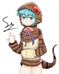 1girl aqua_hair furry highres hood hoodie kemono_friends kemono_friends_3 long_sleeves looking_at_viewer short_hair skirt smile snake_tail solo striped_clothes striped_hoodie striped_tail tail tsuchinoko tsuchinoko_(kemono_friends)