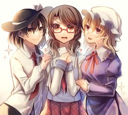 Rule 34 | !?, 3girls, :d, black hat, black skirt, blonde hair, bow, brown hair, collared shirt, confused, dress, dress shirt, girl sandwich, glasses, gradient background, hair between eyes, hair bow, hair over shoulder, hat, hat bow, holding, kaede (mmkeyy), long hair, long sleeves, looking at another, maribel hearn, mob cap, multiple girls, neck ribbon, necktie, open mouth, plaid, plaid skirt, pleated skirt, purple dress, red-framed eyewear, red necktie, red ribbon, red skirt, ribbon, sandwiched, shirt, short hair, skirt, smile, sweat, swept bangs, time paradox, touhou, twintails, usami renko, usami sumireko, white bow, white hat, white shirt