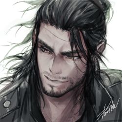 Rule 34 | 10s, 1boy, aged up, bad id, bad twitter id, beard, black hair, danhu, facial hair, final fantasy, final fantasy xv, gladiolus amicitia, looking at viewer, male focus, manly, portrait, scar, smile, solo