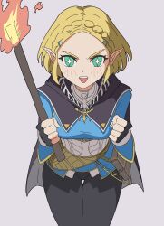 Rule 34 | 1girl, :d, black cloak, black pants, blonde hair, blue shirt, blush, braid, breasts, cloak, crown braid, eyelashes, female pubic hair, fire, forehead, green eyes, groin, hair ornament, highres, holding, holding torch, legs together, looking at viewer, medium breasts, nintendo, open mouth, pants, parted bangs, pointy ears, princess zelda, pubic hair, shirt, short hair, sidelocks, simple background, smile, star (symbol), star in eye, start furuike, symbol in eye, teeth, the legend of zelda, the legend of zelda: tears of the kingdom, thick eyebrows, thighs, torch, upper teeth only, v-shaped eyebrows