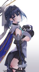 Rule 34 | 1girl, absurdres, black gloves, black hair, blue eyes, blue hair, bow, bow earrings, breasts, chain, chain headband, clothing cutout, colored inner hair, contrapposto, detached sleeves, earrings, gloves, hair intakes, hair ornament, highres, hololive, hololive english, jewelry, large breasts, leg up, looking at viewer, multicolored hair, ouro kronii, ouro kronii (1st costume), ribbon earrings, short hair, smile, solo, takida 185, underboob cutout, upper body, virtual youtuber, wide sleeves