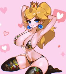 Rule 34 | 1girl, armpits, arms behind head, bikini, blonde hair, blue eyes, breasts, cookiedusty, feet, heart, highres, large breasts, legs, long hair, looking at viewer, mario (series), navel, nintendo, ponytail, princess, princess peach, sitting, smile, solo, super mario bros. 1, swimsuit, thick thighs, thighs