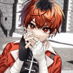 Rule 34 | 1boy, bandaged arm, bandages, black gloves, black hair, closed mouth, ekal, fingerless gloves, gloves, hair between eyes, highres, looking at viewer, male focus, multicolored hair, outdoors, own hands together, portrait, red eyes, red hair, short hair, signature, smile, solo, sousou no frieren, stark (sousou no frieren), stone wall, wall