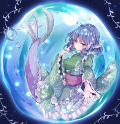 Rule 34 | 1girl, animal print, arm up, black background, blue eyes, blue hair, blush, breasts, bubble, butterfly print, commentary request, drill hair, fins, fish, floral print, frilled skirt, frilled sleeves, frills, green kimono, head fins, head tilt, highres, in bubble, index finger raised, japanese clothes, kimono, long sleeves, looking at viewer, medium breasts, mermaid, monster girl, obi, outstretched arm, pointing, pointing at self, print kimono, ri cochet, sash, short hair, skirt, smile, solo, touhou, twin drills, wakasagihime, wide sleeves