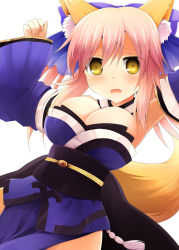 Rule 34 | 10s, 1girl, animal ears, bare shoulders, bow, breasts, bursting breasts, choker, cleavage, detached sleeves, fate/extra, fate (series), fox ears, fox tail, hair bow, hair ribbon, japanese clothes, kujiran, large breasts, obi, open mouth, pink hair, ribbon, sash, solo, sweat, tail, tamamo no mae (fate/extra), twintails, yellow eyes