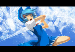 Rule 34 | 1girl, bad id, bad pixiv id, blue eyes, blue hair, bow, cirno, crystal sword, hair bow, ice, jpeg artifacts, letterboxed, matching hair/eyes, no wings, open mouth, shimadoriru, solo, sword, touhou, weapon