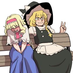 Rule 34 | 2girls, absurdres, alice margatroid, apron, bench, between legs, black headwear, blonde hair, blue dress, blush, bow, braid, capelet, closed eyes, closed mouth, commentary, dress, eddybird55555, hairband, hand between legs, hat, hat bow, highres, kirisame marisa, long hair, multiple girls, red hairband, side braid, simple background, single braid, sitting, touhou, v, waist apron, white apron, white background, white bow, white capelet, witch hat, yellow eyes, yuri