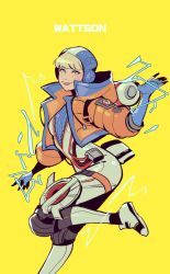 Rule 34 | 1girl, animification, apex legends, arm at side, blonde hair, blue eyes, blunt bangs, bodysuit, breasts, cable, character name, closed mouth, commentary request, cropped jacket, electricity, electrokinesis, hand up, hood, hooded bodysuit, jacket, leg up, long sleeves, looking at viewer, ming (5unri5e666), open clothes, open jacket, orange jacket, shoes, short hair, smile, solo, standing, standing on one leg, thigh strap, unzipped, wattson (apex legends), waving, white legwear, yellow background, zipper