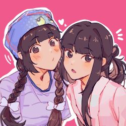 Rule 34 | 2girls, blue headwear, bow, braid, brown eyes, brown hair, chinese commentary, hair behind ear, hair bow, hair intakes, hao e hao e hao e hao e, heart, highres, jiwoo (nmixx), k-pop, kyujin (nmixx), looking at viewer, multiple girls, nmixx, open mouth, pink background, pink robe, purple bow, purple shirt, real life, robe, shirt, surprised, twin braids