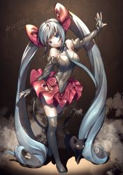 Rule 34 | 1girl, absurdly long hair, alternate costume, black cat, black leotard, blue eyes, blue hair, boots, breasts, cat, cleavage, detached sleeves, hatsune miku, highres, kirisaki shuusei, leotard, long hair, looking down, medium breasts, open hands, red skirt, skirt, solo, thigh boots, thighhighs, twintails, very long hair, vocaloid