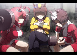 Rule 34 | 3girls, abmayo, ahoge, animal ears, barbell, black pants, brown hair, byerley turk (umamusume), commentary request, cowboy shot, crossed arms, dumbbell, ear ornament, exercise, figure four sitting, gloves, grey hairband, gym, gym shorts, hairband, highres, horse ears, horse girl, jacket, letterboxed, long hair, mejiro ryan (umamusume), mihono bourbon (umamusume), multicolored hair, multiple girls, open clothes, open jacket, pants, red jacket, red shorts, scar, scar on face, shaded face, short hair, shorts, spiked hair, suspenders, sweat, nervous sweating, tile floor, tiles, track jacket, training, trait connection, two-tone hair, umamusume, weightlifting, white gloves, white hair, yellow headwear, yellow jacket