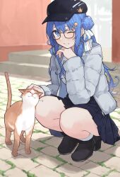 Rule 34 | 1girl, :3, absurdres, alternate costume, animal, baseball cap, bespectacled, black-framed eyewear, black footwear, black headwear, black skirt, blue eyes, blue hair, brick, brick road, casual, cat, crown, day, glasses, grey jacket, hair bun, hair ornament, hair ribbon, hairclip, hand on own chin, hat, hat ornament, highres, hololive, hoshimachi suisei, jacket, leaning on person, long hair, moss, official alternate hair length, official alternate hairstyle, one eye closed, open mouth, outdoors, pavement, petting, pleated skirt, ribbon, shadow, single hair bun, skirt, smile, socks, squatting, stairs, star (symbol), star hair ornament, stone stairs, sunlight, tail raised, tsukino (nakajimaseiki), virtual youtuber, white ribbon, white socks