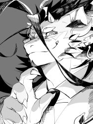 Rule 34 | 1boy, animal ears, bara, collared shirt, commentary request, dragon boy, dragon horns, fingernails, from below, furry, furry male, fuxi (housamo), grey background, greyscale, hair between eyes, hatching (texture), highres, horns, linear hatching, long hair, looking at viewer, male focus, monochrome, muscular, muscular male, necktie, nizitaro, screentones, sharp fingernails, shirt, smirk, solo, thick eyebrows, tokyo houkago summoners, upper body