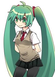 Rule 34 | 1girl, ahoge, arms behind back, black pantyhose, green eyes, green hair, hatsune miku, long hair, matching hair/eyes, necktie, pantyhose, school uniform, shibire namaniku, simple background, skirt, smile, solo, sweater vest, twintails, very long hair, vocaloid, white background