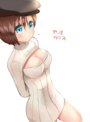 Rule 34 | 1girl, beret, blue eyes, breasts, brown hair, capcom, cleavage, closed mouth, hat, jill valentine, meme attire, nagare, resident evil, short hair, simple background, solo, virgin killer sweater, white background