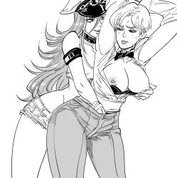 Rule 34 | 2girls, armband, bad id, bb (baalbuddy), bow, bowtie, bra, bra pull, breasts, breasts out, capcom, clothes pull, collared shirt, commentary, contrapposto, crossover, english commentary, final fight, greyscale, groping, hand in pants, hands up, hat, highres, inactive account, king (snk), large breasts, long hair, molestation, monochrome, multiple girls, nipple stimulation, nipple tweak, nipples, pants, parted lips, peaked cap, poison (final fight), ryuuko no ken, shirt, short shorts, shorts, simple background, smile, snk, standing, street fighter, sweatdrop, the king of fighters, underwear, very long hair, white background, wing collar, yuri
