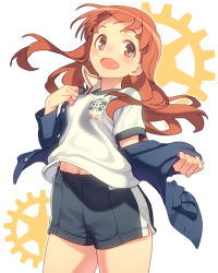 Rule 34 | 10s, 1girl, bad id, bad pixiv id, blush, breasts, brown eyes, brown hair, buttons, gears, girls und panzer, gym shorts, gym uniform, long hair, long sleeves, looking at viewer, looking to the side, midriff, navel, open mouth, pairan, short sleeves, shorts, small breasts, smile, solo, takebe saori