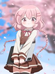 Rule 34 | 1girl, black thighhighs, blurry, blurry background, blush, braid, brown dress, closed mouth, collared shirt, comic girls, commentary request, day, depth of field, drawing tablet, dress, dress shirt, hair between eyes, hair ornament, hairclip, highres, holding, long hair, long sleeves, looking at viewer, low twintails, moeta kaoruko, outdoors, petals, pinafore dress, pink hair, pleated dress, red eyes, shirt, sleeveless, sleeveless dress, sleeves past wrists, smile, solo, thighhighs, twin braids, twintails, unadon (unadoom), very long hair, white shirt