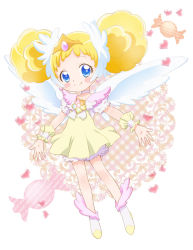 Rule 34 | 10s, 1girl, bad id, bad pixiv id, blonde hair, bloomers, blue eyes, blush, candy (smile precure!), chiririn, choker, double bun, earrings, full body, hair bun, head wings, heart, jewelry, outstretched arms, personification, precure, royal candy, shoes, short hair, skirt, smile, smile precure!, solo, spread arms, underwear, white bloomers, white choker, wings