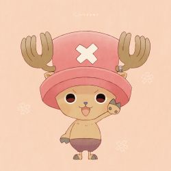 Rule 34 | bad id, bad twitter id, black eyes, character name, full body, hat, highres, kanacho, looking at viewer, no humans, one piece, pink hat, simple background, solo, standing, tony tony chopper
