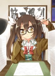 Rule 34 | 10s, 1girl, :t, ahoge, alternate costume, blush, bow, bowtie, brown hair, cardigan, closed mouth, collared shirt, desk, desk lamp, eyebrows, flat chest, framed, frown, glasses, hair between eyes, hair ribbon, hand up, head rest, holding, holding pencil, indoors, kantai collection, lamp, long hair, long sleeves, looking at viewer, motion lines, night, night sky, open cardigan, open clothes, paper stack, pencil, picture frame, red bow, red bowtie, ribbon, scratching head, shirt, sky, sleeves past wrists, solo, squiggle, tone (kancolle), twintails, umino mokuzu (shizumisou), unbuttoned, upper body, wall, white ribbon, white shirt, window, yellow eyes