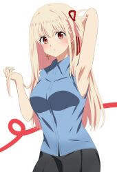 Rule 34 | 1girl, :o, alternate costume, alternate hair length, alternate hairstyle, arm behind head, armpits, black skirt, blonde hair, blue shirt, blush, breasts, collared shirt, commentary, dars (recolors), earrings, hair ribbon, hand up, highres, holding, holding own hair, jewelry, long hair, looking at viewer, lycoris recoil, medium breasts, nishikigi chisato, parted lips, red eyes, red ribbon, ribbon, shirt, skirt, sleeveless, sleeveless shirt, solo, white background