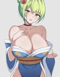 Rule 34 | 1girl, bare shoulders, blue kimono, breasts, ceres fauna, cleavage, green hair, hair ornament, hand on own chest, highres, holocouncil, hololive, hololive english, japanese clothes, kimono, large breasts, looking at viewer, open mouth, ponytail, smile, solo, virtual youtuber, yellow eyes, zeropen