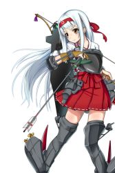 Rule 34 | 10s, 1girl, arrow (projectile), bad id, bad pixiv id, blush, boots, bow (weapon), hairband, hawe king, japanese clothes, kantai collection, long hair, muneate, personification, shoukaku (kancolle), skirt, solo, tears, thigh boots, thighhighs, weapon, white hair