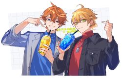 Rule 34 | 2boys, ahoge, arm up, black jacket, blonde hair, blue eyes, blue sweater, border, breast pocket, buttons, closed mouth, collared jacket, commentary request, cropped torso, crossed bangs, cup, disposable cup, dog tags, drink, drinking straw, ear piercing, earrings, genshin impact, green eyes, grey jacket, grid background, grin, hair between eyes, hair bun, hands up, holding, holding cup, jacket, jewelry, lapels, long sleeves, looking at viewer, male focus, multiple boys, necklace, open clothes, open jacket, orange hair, outside border, piercing, pocket, red sweater, sakura 0270, short hair, simple background, single earring, single hair bun, smile, sweater, tartaglia (genshin impact), thoma (genshin impact), turtleneck, turtleneck sweater, upper body, v, white background, white border