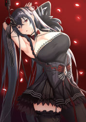 Rule 34 | 1girl, absurdres, asymmetrical legwear, azur lane, black dress, black hair, breasts, cleavage, dress, elina (eri15), frills, hair ornament, highres, holding, holding microphone, holding microphone stand, huge breasts, long hair, looking at viewer, microphone, microphone stand, parted lips, red background, red eyes, short dress, simple background, solo, strapless, strapless dress, taihou (azur lane), taihou (muse) (azur lane), thigh strap, thighhighs, twintails, uneven legwear, very long hair, zettai ryouiki