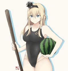 Rule 34 | 10s, 1girl, alternate costume, anchor symbol, bare shoulders, blonde hair, blue eyes, braid, breasts, competition swimsuit, covered navel, crown, food, french braid, fruit, hairband, kantai collection, long hair, mini crown, one-piece swimsuit, shigino sohuzi, smile, solo, standing, stick, suikawari, swimsuit, warspite (kancolle), watermelon