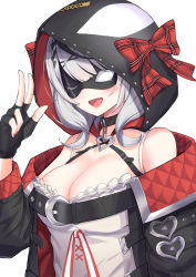 Rule 34 | 1girl, ;d, asymmetrical hair, black collar, black gloves, black hair, black jacket, blush, bow, braid, breasts, camisole, chest belt, chest strap, cleavage, collar, commentary, fang, fingerless gloves, french braid, frilled camisole, frills, gloves, grey hair, hair ornament, heart collar, highres, hololive, hood, hood up, hooded jacket, hosi 0729, jacket, looking at viewer, mask, medium breasts, medium hair, multicolored hair, nail polish, one eye closed, open mouth, plaid, plaid bow, red bow, red nails, sakamata chloe, simple background, single braid, smile, solo, streaked hair, two-sided fabric, two-sided jacket, two-tone hair, upper body, v, virtual youtuber, white background, white camisole, x hair ornament