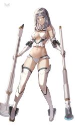 Rule 34 | 1girl, absurdres, bare shoulders, bikini, blue eyes, breasts, chisel, cleavage, elbow gloves, expressionless, fate/grand order, fate (series), galatea (fate), gloves, halterneck, highres, joints, long hair, looking at viewer, medium breasts, navel, pale skin, parted bangs, polearm, robot joints, simple background, solo, swimsuit, thighhighs, thighs, tiara, tofi, weapon, white background, white bikini, white gloves, white hair, white thighhighs