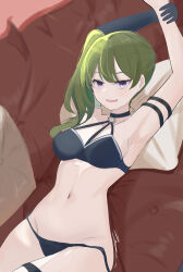 Rule 34 | 1girl, absurdres, arm up, armpits, arms up, black bra, black choker, black panties, blush, bra, breasts, choker, cleavage, collarbone, commentary, couch, elbow gloves, gloves, green hair, groin, hair between eyes, highres, long hair, looking at viewer, lying, medium breasts, navel, on back, panties, penguin sensei (artist), pillow, purple eyes, side ponytail, sidelocks, single elbow glove, smile, solo, sousou no frieren, stomach, thighs, ubel (sousou no frieren), underwear, underwear only