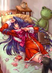 Rule 34 | 1girl, aftersex, black thighhighs, blue eyes, blue hair, bow, bowtie, condom, dress, frog, highres, kanon, keropii, long hair, longmei er de tuzi, lying, minase nayuki, on back, open wrapper, pink bow, pink bowtie, red dress, smile, solo, stuffed animal, stuffed toy, sweat, thighhighs, thighs, used condom, used tissue, very long hair