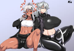 Rule 34 | 1boy, 1girl, arknights, bandeau, belt, black belt, black jacket, black pants, black shirt, black shorts, blue background, blue eyes, blush, breasts, brown eyes, bulge, commentary, cosplay, crop top, dark skin, feet out of frame, fingerless gloves, gloves, grey hair, grin, hair between eyes, hair ornament, hairclip, highres, horns, huge breasts, jacket, lappland (arknights), lappland (arknights) (cosplay), leggings, long hair, long sleeves, looking at viewer, midriff, navel, open clothes, open jacket, original, pants, pointy ears, ponytail, shirt, short shorts, shorts, sidelocks, simple background, sitting, smile, stomach, strapless, texas (arknights), texas (arknights) (cosplay), thighs, trap, tube top, white gloves, wirberlwind