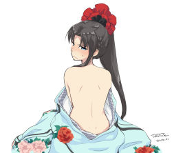Rule 34 | 10s, 1girl, 2016, alternate costume, alternate hairstyle, back, back focus, bad id, bad pixiv id, bare back, bare shoulders, black hair, blue eyes, blush, braid, clothes down, dimples of venus, fate/stay night, fate (series), floral print, flower, from behind, hair flower, hair ornament, hair over shoulder, japanese clothes, kimono, light frown, long hair, looking at viewer, looking back, no bra, nose blush, ponytail, scrunchie, sidelocks, signature, simple background, solo, sweat, tohsaka rin, toyoyuki, very long hair, white background