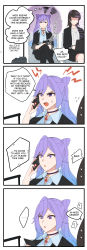 Rule 34 | 2girls, absurdres, anger vein, braid, breasts, calling, cellphone, choker, closed mouth, collarbone, collared shirt, commentary, computer, cone hair bun, contemporary, crossed legs, double bun, english commentary, english text, faceless, formal, genshin impact, hair bun, highres, hinagi (fox priest), holding, holding phone, keqing (genshin impact), laptop, long hair, multiple girls, open mouth, pants, phone, purple eyes, purple hair, shirt, simple background, smartphone, speech bubble, suit, sweat, talking on phone, tassel, thought bubble, vision (genshin impact), white background, yuri