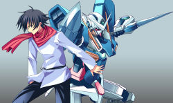 Rule 34 | 00s, 1boy, armor, exia, gradient background, gundam, gundam 00, gundam exia, holding, holding sword, holding weapon, karamiti, long sleeves, machinery, male focus, mecha, outstretched arm, pants, red scarf, robot, scarf, setsuna f. seiei, simple background, solo, sweater, sword, weapon