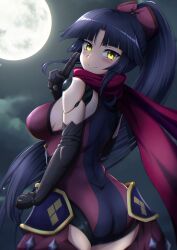 Rule 34 | 1girl, absurdres, android, ass, back, bare shoulders, black hair, blush, breasts, fate/grand order, fate (series), full moon, highres, joints, katou danzou (fate), large breasts, leotard, long hair, looking at viewer, looking back, moon, night, night sky, parted bangs, ponytail, purple leotard, red scarf, robot joints, scarf, sidelocks, sky, smile, solo, sotomichi, yellow eyes