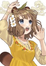 Rule 34 | 1girl, :o, animal ears, arm up, blue eyes, blush, breasts, brown hair, collarbone, colored smoke, commentary request, fingernails, floral print, flower, flower request, hair flower, hair ornament, hand up, highres, idolmaster, idolmaster million live!, layered sleeves, leaf, leaf on head, long sleeves, looking up, medium breasts, medium hair, open mouth, raccoon ears, raccoon girl, raccoon tail, raised eyebrows, shirt, short over long sleeves, short sleeves, sidelocks, simple background, sleeves past elbows, smoke, solo, suou momoko, sweatdrop, tail, tanupon, teeth, thick eyelashes, three quarter view, upper body, upper teeth only, white background, yellow shirt