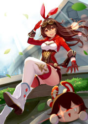 Rule 34 | 1girl, absurdres, amber (genshin impact), baron bunny (genshin impact), boots, bow, breasts, brown eyes, brown hair, brown shorts, cleavage, full body, genshin impact, gloves, hair bow, hair ornament, highres, long hair, looking at viewer, open mouth, short shorts, shorts, sitting, smile, solo, sparkling eyes, thighhighs, white thighhighs, youmi kong xiang